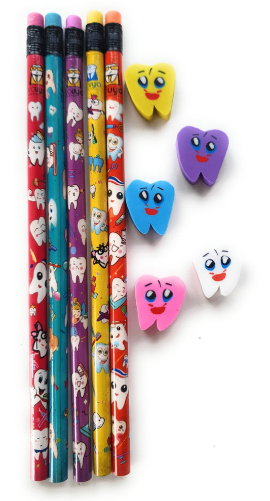 Lápices y Gomas de Borrar con diseño y forma de dientes (10 Unidades)