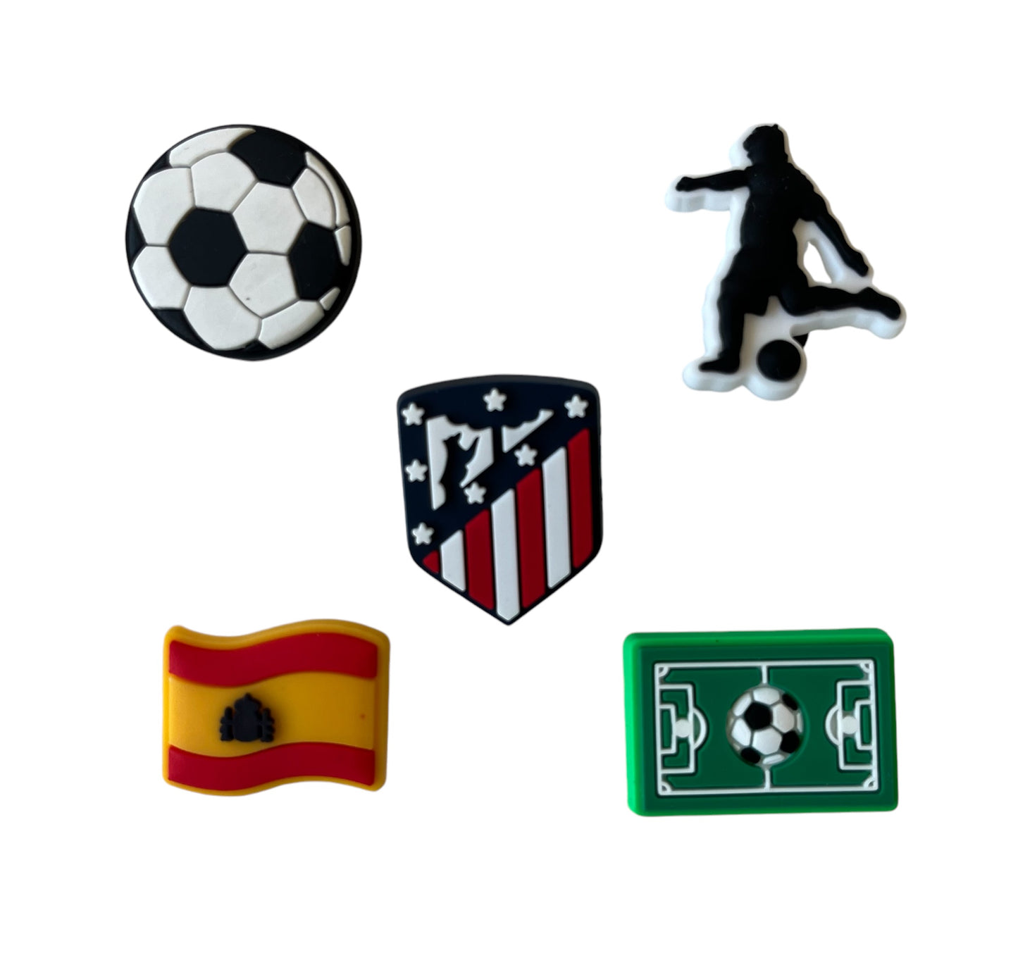 Charms para Zuecos de fútbol (Atlético de Madrid) / Jibbitz crocs / Adornos de Zapatos de PVC (5 Unidades) Motivo: Atlético de Madrid Fútbol Club.