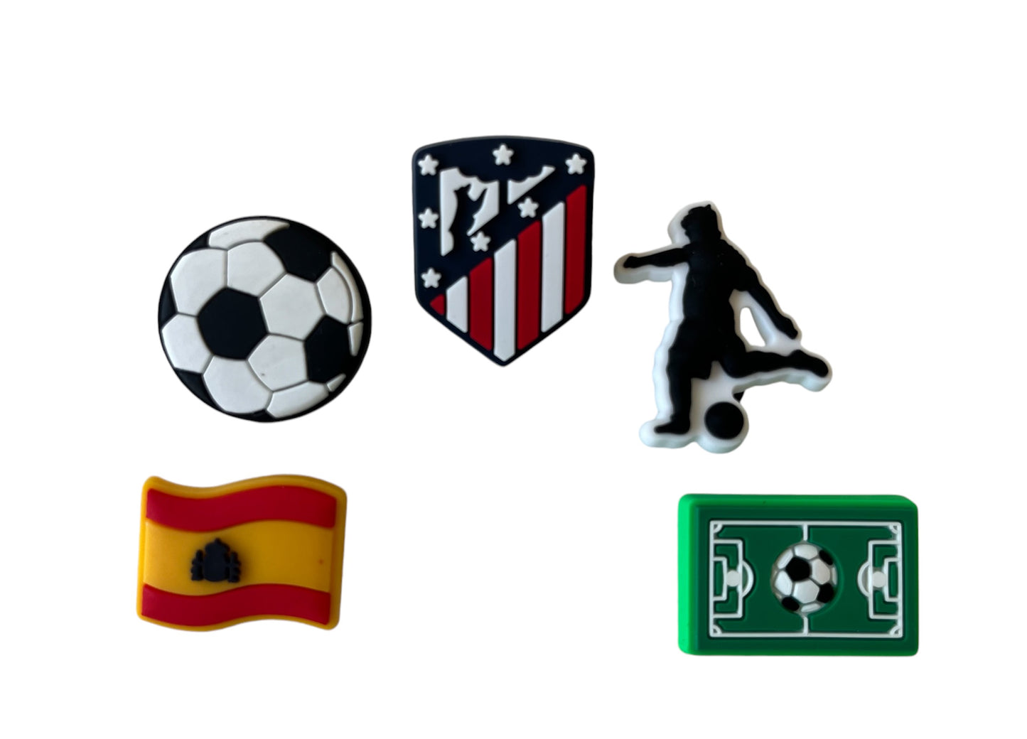 Charms para Zuecos de fútbol (Atlético de Madrid) / Jibbitz crocs / Adornos de Zapatos de PVC (5 Unidades) Motivo: Atlético de Madrid Fútbol Club.